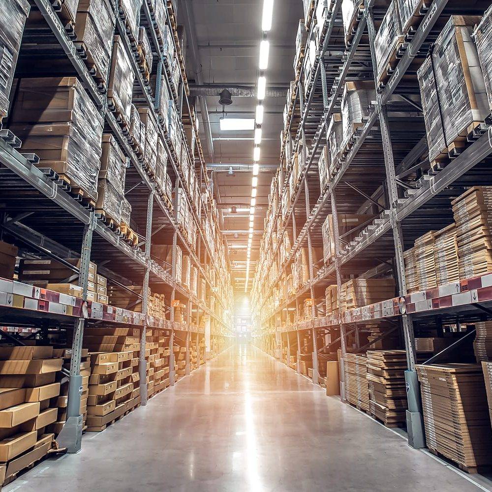 warehouse interior with shelves, pallets and boxes, Rows of shel warehouse interior with shelves, pallets and boxes, Rows of shel