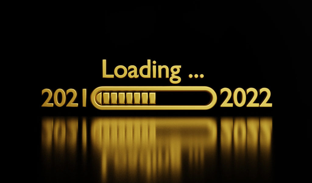 Loading from 2021 to 2022 of luxury golden number on dark background with reflection for preparation merry Christmas and happy new year concept , 3D rendering technique.